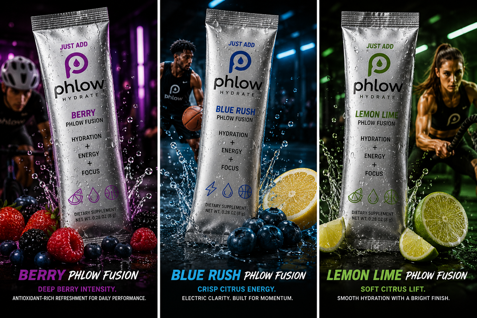 Berry Phlow Fusion, Blue Rush Phlow Fusion, and Lemon Lime Phlow Fusion — hydration stick packs for cyclists, athletes, and gym training