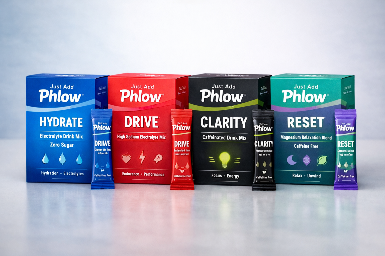 Just Add Phlow product lineup — Hydrate, Drive, Clarity, Reset