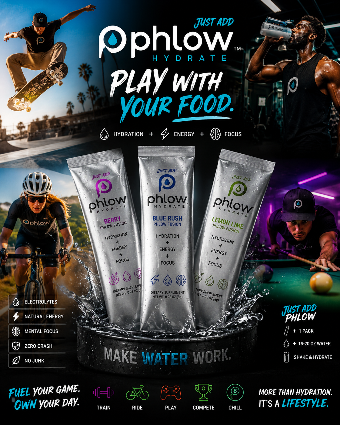 Phlow Hydrate — play with your food. Berry, Blue Rush, and Lemon Lime stick packs for train, ride, play, and compete.